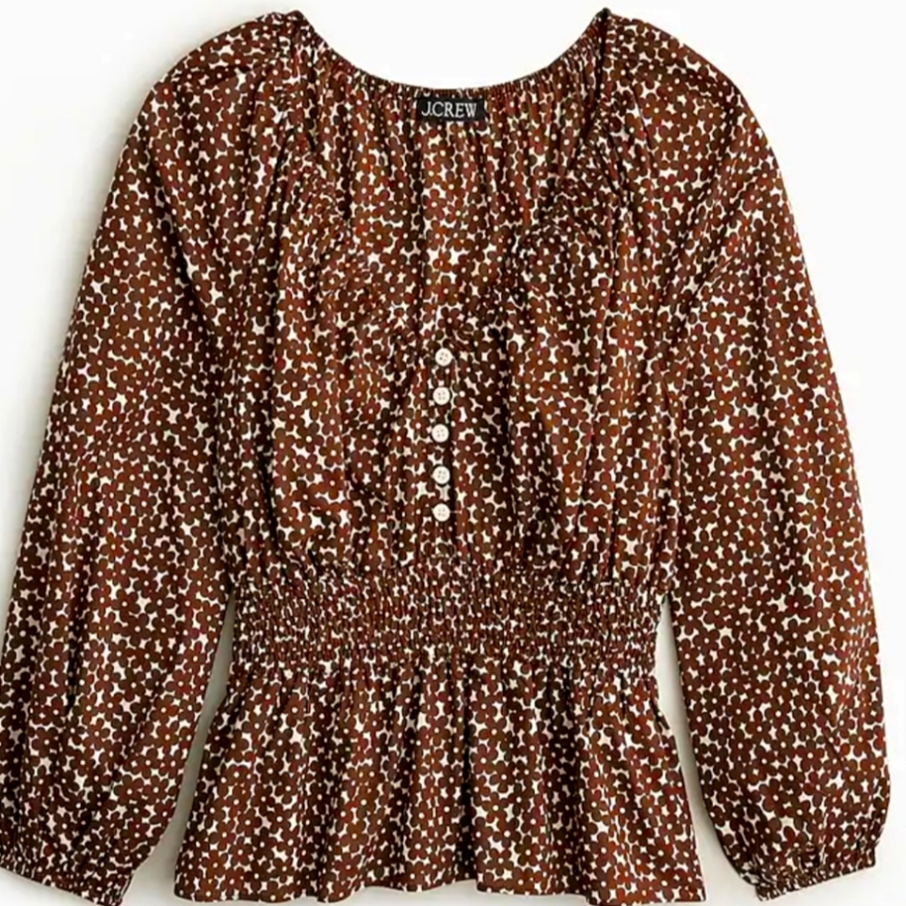 NWT J.Crew V-neck smocked-waist top in mocha floral